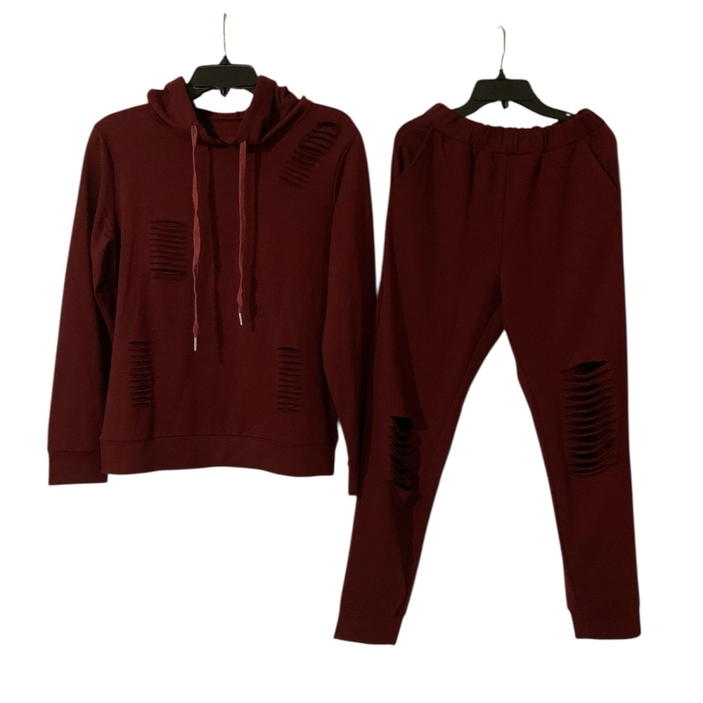 Burgundy Distressed Hoodie and Jogger Set